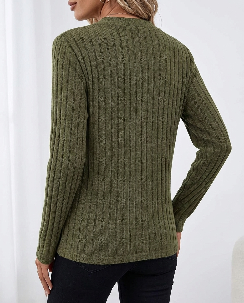 Ribbed Zip-Neck Top Army Green - back angle view