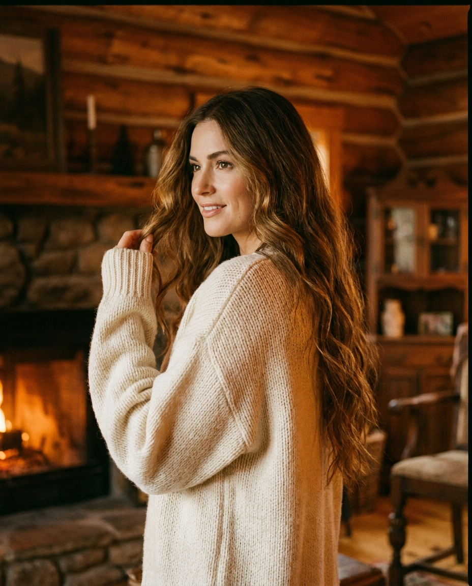 About Chimerine - woman in cozy cream knit sweater in a wooden cabin