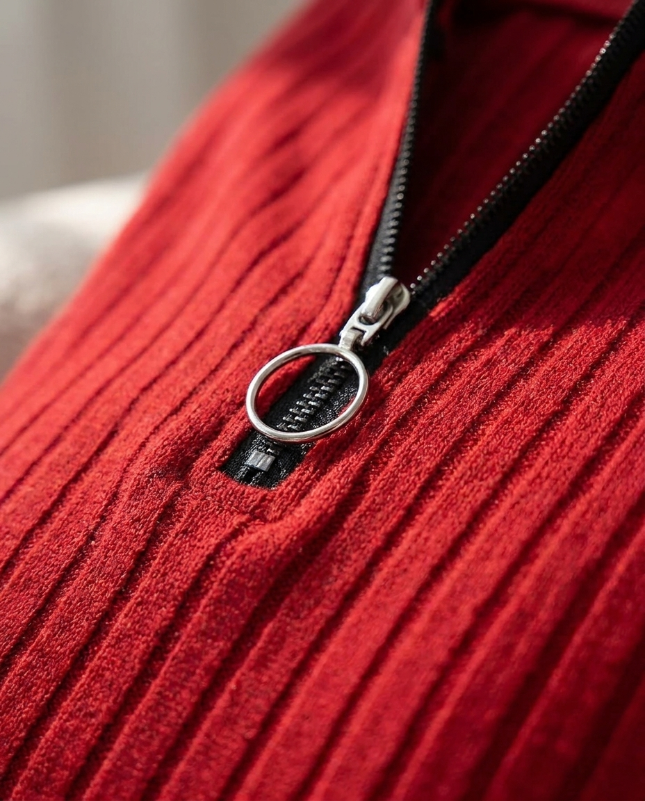 Ribbed Zip-Neck Top Red - close-up detail