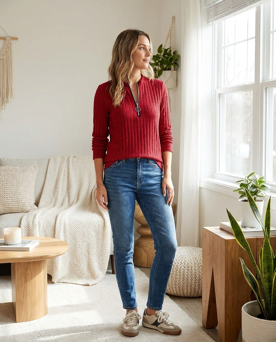 Ribbed Zip-Neck Top Red - in-use scale shot