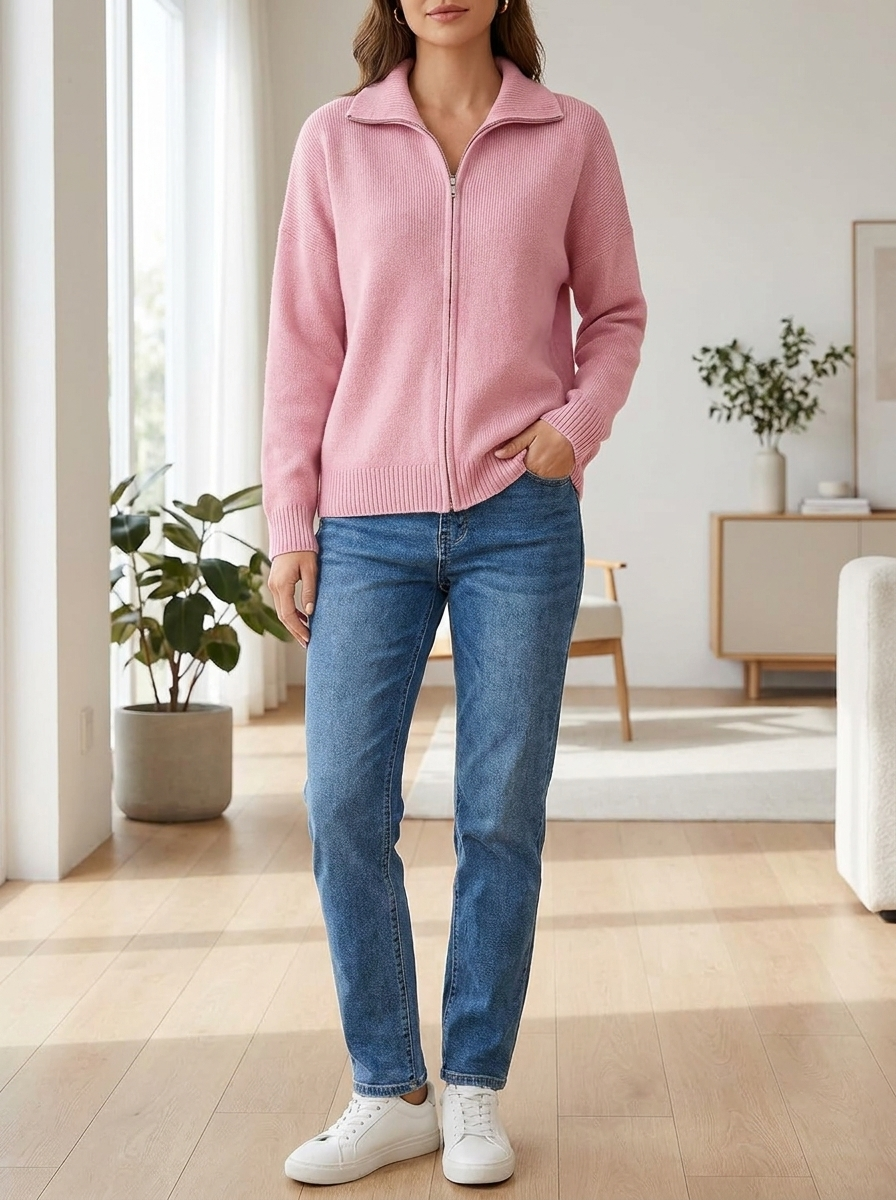 Stand Collar Zip Cardigan - in-use scale shot
